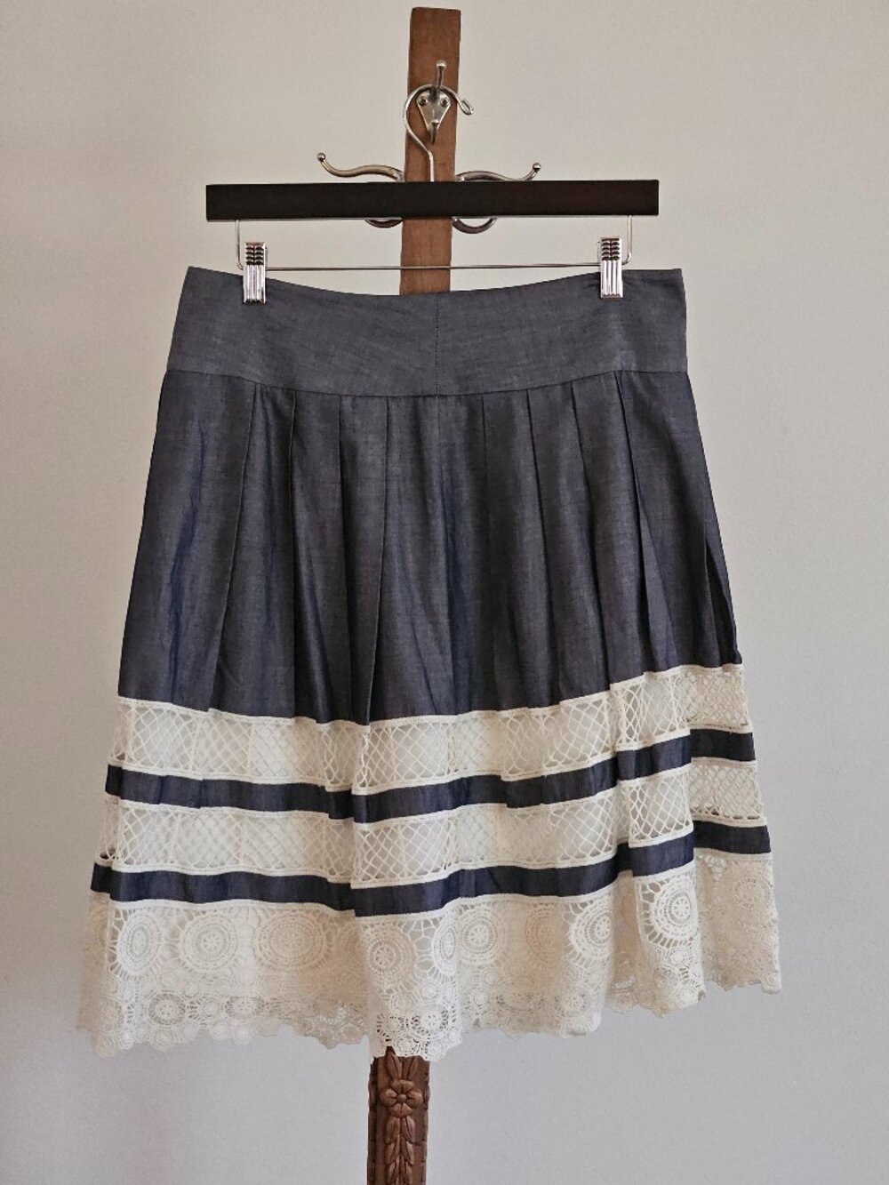 Ann Taylor Pleated Chambray Skirt with Lace Hem | Feminine Fit & Flare Skirt